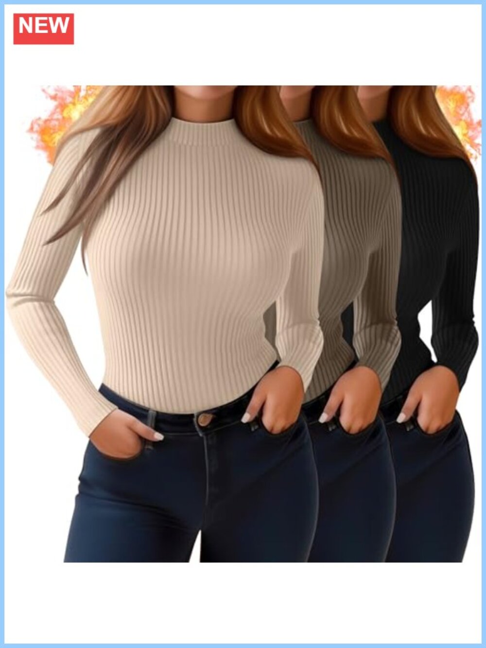 Plus Size Thermal Long Sleeve Mock Neck Ribbed Tops 3 Pack